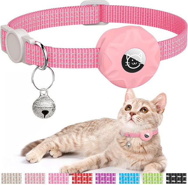 Apple AirTag Cat Collar, GPS Tracker Kitten Collar with Reflective Breakaway Holder and Bell, Lightweight for Cats & Kittens (Pink)