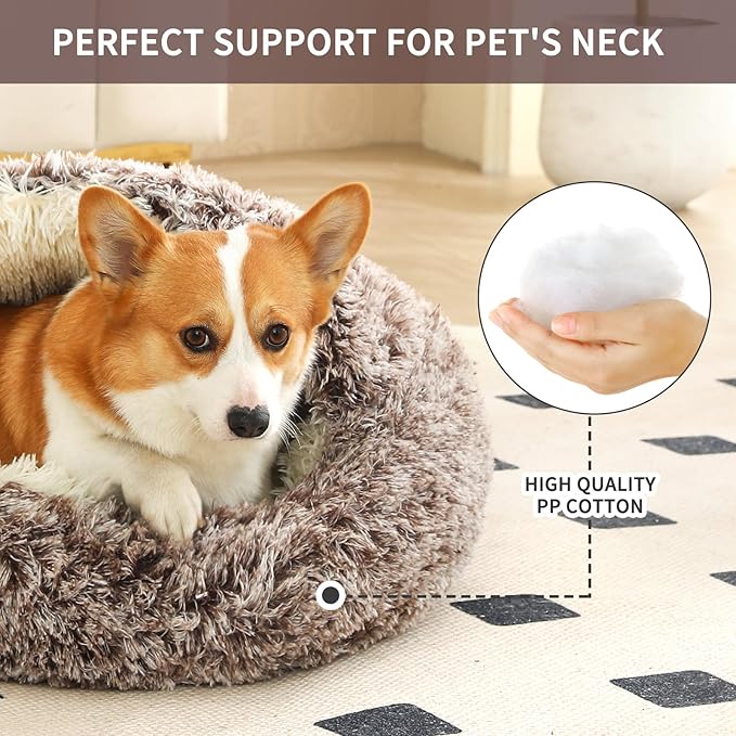 Dog Bed Round Hooded Plush Cat Cave Self Warming Pet Bed Donut Anti Anxiety Fluffy Pet Bed for Puppy and Kitty