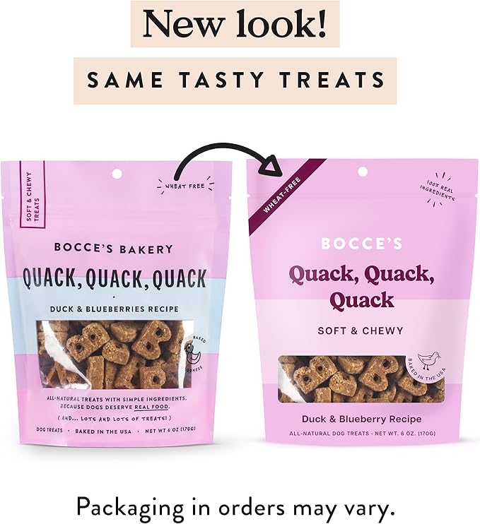 Bocce's Bakery Oven Baked Quack Quack Quack Dog Treats - All-Natural, Real Ingredient, Wheat-Free Soft & Chewy Cookies - Baked in The USA, Peanut Butter & Banana Flavor, 6 oz