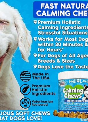 Calming Chews for Dogs - Dog Calm Treats, Made in USA, Vet Developed, Behavior Support, Stress, Separation, Fireworks, Travel, Melatonin, Natural & Holistic, 90 Count