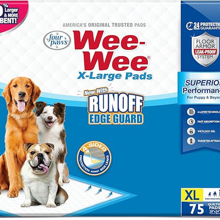 Four Paws Wee-Wee Superior Performance Pee Pads for Dogs with Runoff Barrier Edge Guard Protection, Puppy & Dog Potty Training Pads, Housebreaking Supplies, 28" x 34" (75 Count)