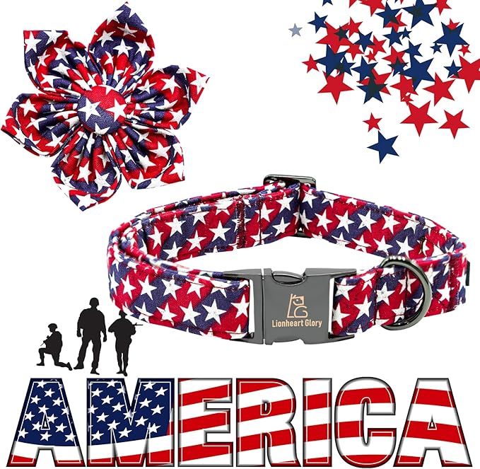 Lionheart glory American Flag Dog Collar 4 of July Dog Collars with Flower Independence Patriotic Dog Flower Collars Heavy Duty Adjustable Collar Flower for Small Dogs Pet Gift