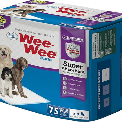 Four Paws Wee-Wee Super Absorbent Unscented Pee Pads for Dogs & Puppies with Insta-Rise Border, Leak-Proof Dog Housebreaking Potty Training Floor Protection, 24" x 24", 75 Count (Packaging May Vary)