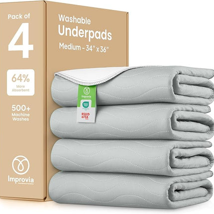 IMPROVIA® Washable Underpads, Heavy Absorbency Reusable Incontinence Pads for Kids, Adults, Elderly, and Pets, Waterproof Protection Floor (Gray, 34"x36" (Pack of 4))