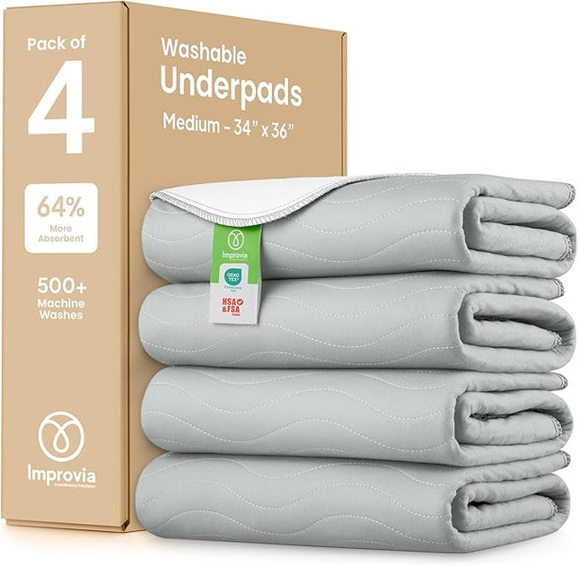 IMPROVIA® Washable Underpads, Heavy Absorbency Reusable Incontinence Pads for Kids, Adults, Elderly, and Pets, Waterproof Protection Floor (Gray, 34"x36" (Pack of 4))