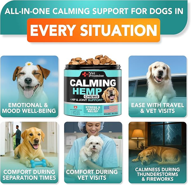 Advanced Calming Chews for Dogs - Hemp Dog Calming Chews - Anxiety Relief with Melatonin - Stress & Separation Anxiety - Sleep Aid + Hip and Joint Supplement Support - Made in USA - 70 Treats