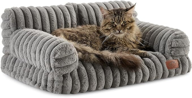 Hollypet Fluffy Plush Pet Cat Couch Soft Calming Pet Sofa Beds for Medium Small Cats and Dogs, Dark Gray