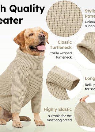 Queenmore XXL Dog Sweater, Large Dog Sweaters for Male Dogs, Turtleneck Plaid Kintsweaters for Large Breeds, Cold Weather Pullover Pet Clothes, Apricot 2XL