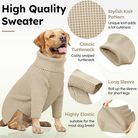 Queenmore XXL Dog Sweater, Large Dog Sweaters for Male Dogs, Turtleneck Plaid Kintsweaters for Large Breeds, Cold Weather Pullover Pet Clothes, Apricot 2XL