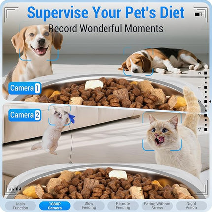 Automatic Cat Feeder with Two 1080P Camera for 2 Cats: 7L Automatic Dog Feeder with Night Vision & Slow Feed, 5G WiFi Auto Cat Food Dispenser for Multiple Pet,Detachable for Clean(ACF180W-C)