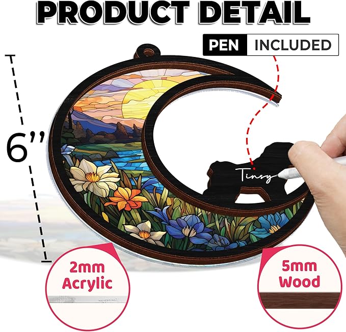 6'' Bichons Frise Dog Memorial Suncatcher & Wooden Dog Paw Keychain Personalized Dog Name Ornament Window Hanging Pet of Loss Dog Sympathy Gift for Dog Lovers Car Hanging SCD-B11-6-43