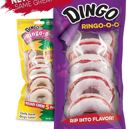 Dingo Ringo-o-o, Premium Rawhide Treats with Real Meat for Small, Medium, and Large Dogs 5-Count