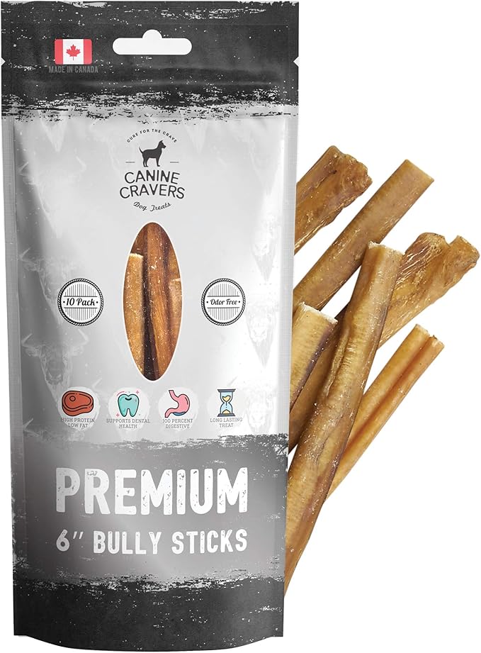 Canine Cravers Maplewood Smoked Bully Sticks 6” Inch - 100% Natural Free Range Grass Fed Beef - Made in Canada - Odor-Reduced Long Lasting, Rawhide Free Dog Chews High Protein Low Fat Dental Care