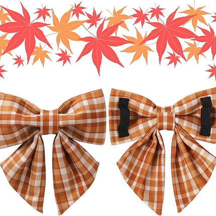 Fall Plaid Dog Collar and Bow Tie Set – Brown Orange Checkered Adjustable Collar with Maple Leaf Charm for Small Medium Large Dogs, Soft Cotton Puppy Collar with Quick Release Buckle