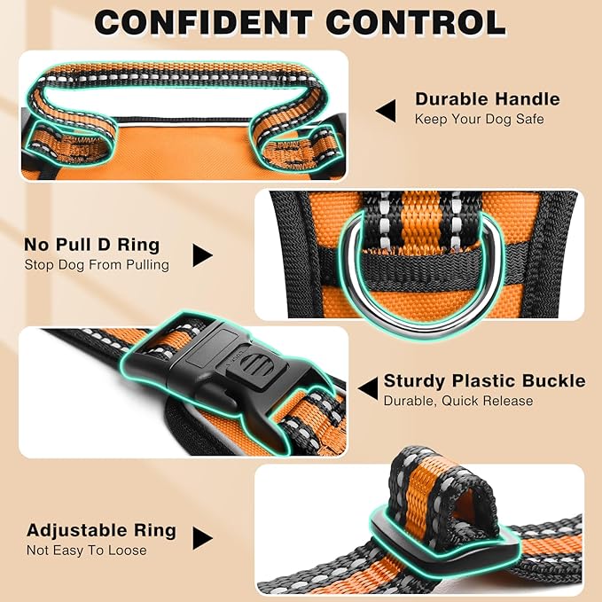 WINSEE Dog Harness No Pull, Pet Harnesses with Dog Collar, Adjustable Reflective Oxford Outdoor Vest, Front/Back Leash Clips for Small, Medium, Large, Extra Large Dogs, Easy Control Handle for Walking