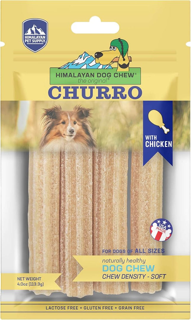Himalayan Dog Chew Churro Yak Cheese Dog Chews, 100% Natural, Long Lasting, Gluten Free, Healthy & Safe Dog Treats, Lactose & Grain Free, Protein Rich, For All Breeds, Soft, Chicken Flavor, 4 Pack