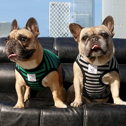 iChoue 2pcs French Bulldog Striped Shirts 100% Breathable Cotton Tank Tops Vests Clothes for Frenchie Dogs, Black and Green Stripes, Medium