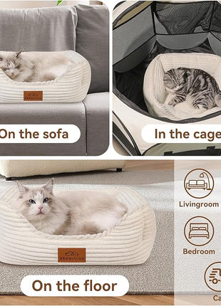 Cat Dog Bed for Pets, Rectangle Pet Bed Gift for Puppy and Kitten, Machine Washable Calming Fluffy Pet Couch Sofa for Indoor Outdoor, Portable Soft Cat Bed with Non-Slip Bottom (Small, Cream)