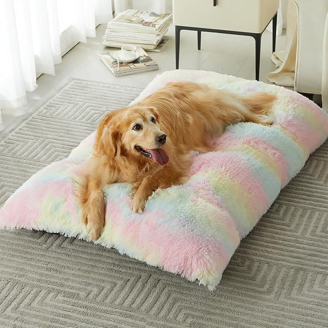 BFPETHOME Dog beds for Large Dogs, Plush Crate Bed with Fluffy Cozy Kennel pad, Washable Mats with Anti-Slip Bottom for Large Dogs, 41"x27", Rainbow