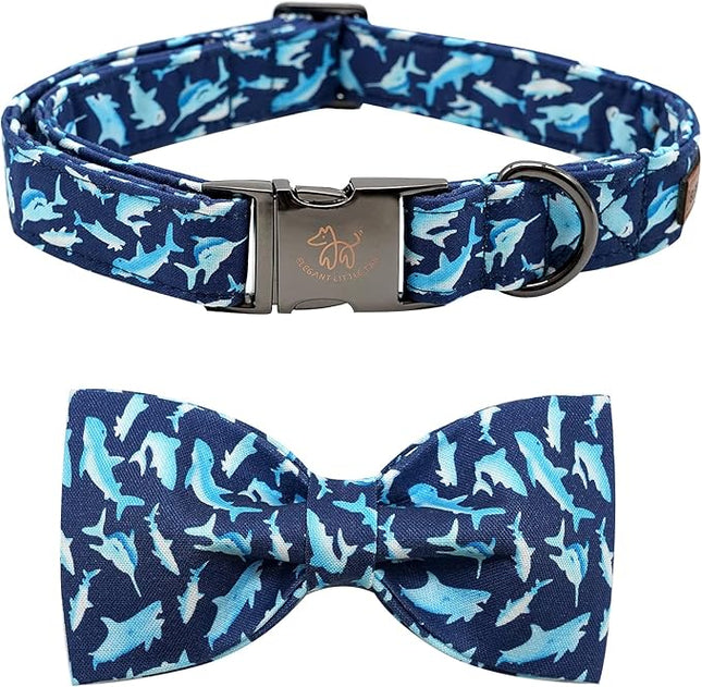 Elegant Little Tail Bowtie Dog Collar - Shark Print, Adjustable for Small Dogs