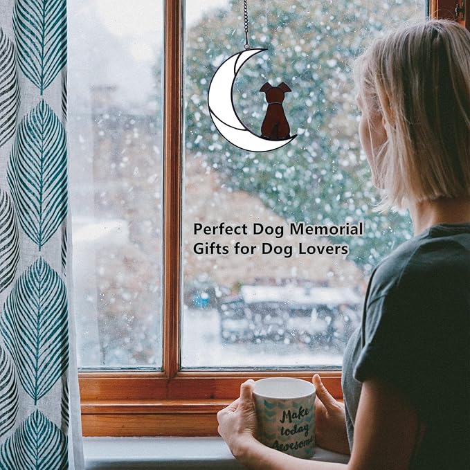 Stained Glass Window Hangings Pet Dog Memorial Gifts for Dog Lovers, A Brown Dog Decor on Moon Suncatchers, Loss of Dog Sympathy Gift, Dog Remembrance Gifts in Memory of Dog(Brown)
