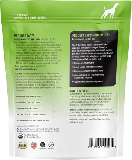 Om Mushroom Matrix Skin & Coat Mushroom Pet Supplement, Provides Seasonal Allergy Skin & Coat Support for Dogs & Cats, 200 Grams, 7.1 oz