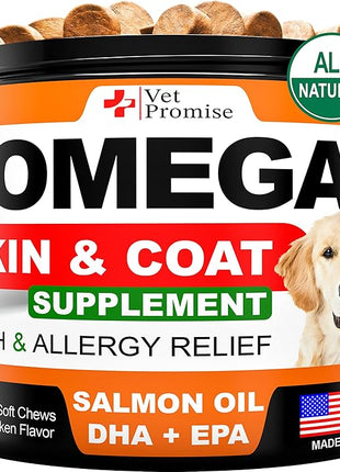 Omega 3 for Dogs - Skin and Coat Supplement - Fish Oil for Dogs Chews - Allergy and Itch Relief - Anti Shedding Supplement - Dry Skin Treatment - Salmon Oil - Made in USA - 120 Soft Treats