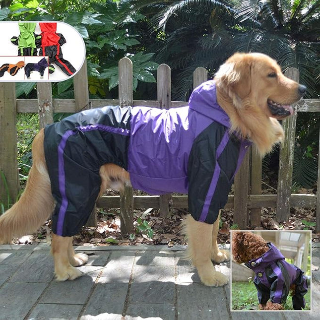 Lovelonglong Dog Hooded Raincoat, Large Dog Rain Jacket Poncho Waterproof Clothes with Hood Breathable 4 Feet Four Legs Rain Coats for Small Medium Large Pet Dogs Purple L-L