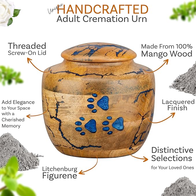 INTAJ Wooden Pet Urns for Dogs/Cats Ashes - Blue Resin Paws & Lichtenburg Design - Keepsake Cremation Urn Box, Pet Memorial Wooden Urns for Ashes, Small to Large Sizes (Odyssey, Medium)