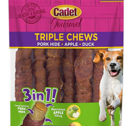 Cadet Gourmet Triple Chews Long-Lasting Pork Hide Sticks with Apple and Duck, Healthy Dog Treats for Small & Large Dogs, 6 Count