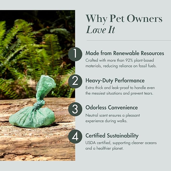 Eco-Friendly 92% Plant-Based Dog Poop Bags Rolls -180 Extra Thick, Durable, Leak-Proof, Odorless, Convenient Disposal - USDA Certified, Heavy-Duty Trash Bags and Garbage Bags