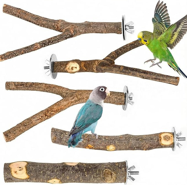 5PCS Natural Wood Bird Perch Set - Straight & Forked Branch Perches Cage Perches Accessories for Small Medium Birds, Parakeets, Budgies, Cockatiels, Conures
