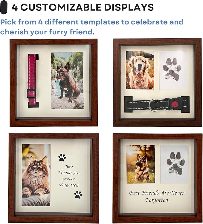 Pet Memorial Dog Picture Frame, 4 Customizable Displays, 9x9, Paw Print Kit for Dogs, Pet Memorial Gift for Dogs, Loss of Dog Sympathy Gift, Pet Paw Print Impression Kit (Brown)