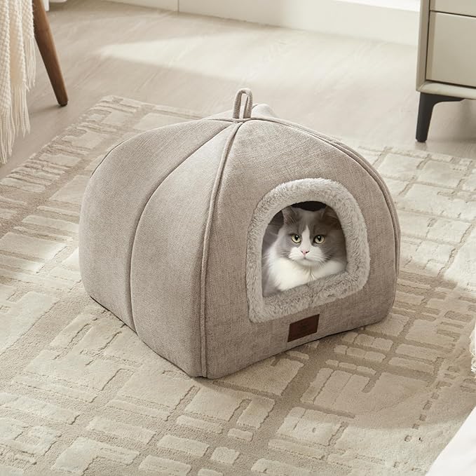 WINDRACING Cat Bed for Indoor Cats - Cat House Cats Tent with Removable Washable Cushioned Pillow, Soft and Self Kitten beds,for Small and Medium Pet Bed, Beige