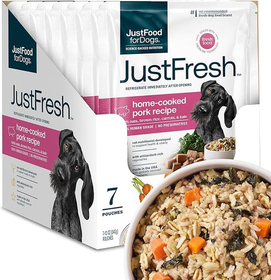 JustFoodForDogs JustFresh Home-Cooked Pork Dog Food with No Preservatives, Resealable Package, Human Grade Wet Dog Food, 12 oz - 7 Pack