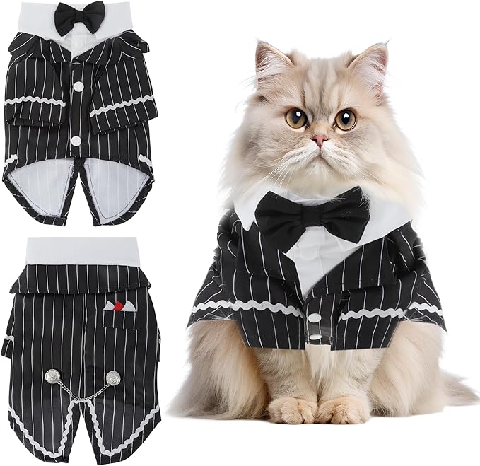 Cat Apparel, Stylish Tuxedo Outfit for Kitty with Tie, Black Stripes Pet Outfits for Wedding, Birthday, Party, Medium