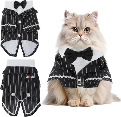 Cat Apparel, Stylish Tuxedo Outfit for Kitty with Tie, Black Stripes Pet Outfits for Wedding, Birthday, Party, Large