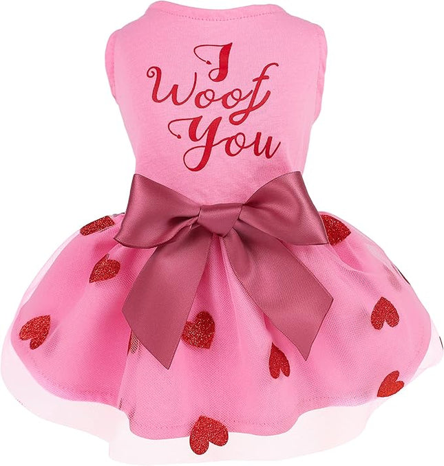 Fitwarm I Woof You Valentines Dog Dress 100% Cotton Girl Dog Clothes Pet Apparel Doggie Tutu with Bowknot Cat Clothing Puppy Dresses Doggy Costume Attire Pink Small