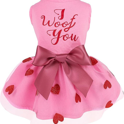 Fitwarm I Woof You Valentines Dog Dress 100% Cotton Girl Dog Clothes Pet Apparel Doggie Tutu with Bowknot Cat Clothing Puppy Dresses Doggy Costume Attire Pink X-Small