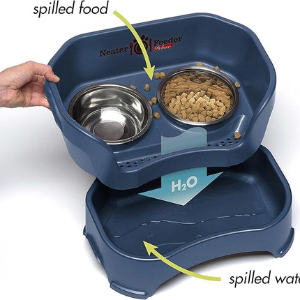 Neater Feeder Deluxe Mess Proof Cat Bowls Elevated for All Breeds – Made in USA – No Spill Raised Bowls for Indoor Cats – Stainless Steel Food and Water Bowl Set, Pet Dish Feeding Station, Dark Blue
