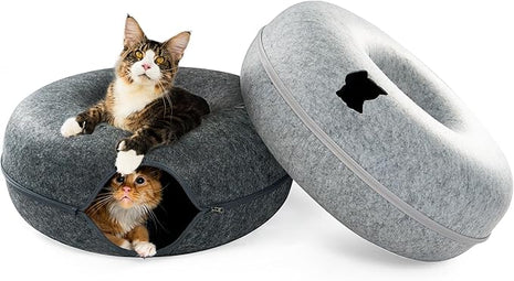Cattasaurus Peekaboo Cat Cave, Extra Spacious for Multiple & Large Cats 12+ lbs, Scratch Detachable Beds for Indoor Cats, Washable Tunnel Bed, Comfy Cat Donut Tunnel (Light Gray+Dark Gray, Jumbo)