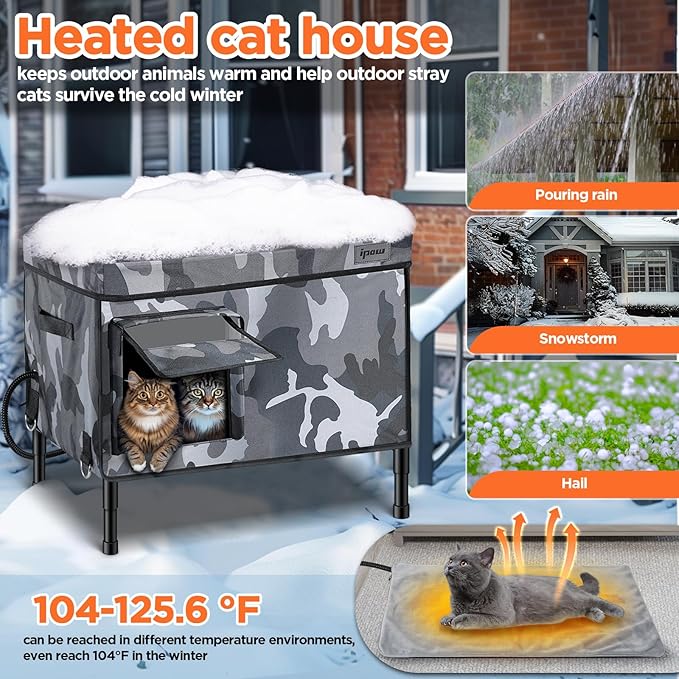 IPOW 6 Layers Ultra Sturdy Cat Houses for Outdoor Cats, 100% Waterproof with 900D Oxford Fabric & Fully Insulated Weatherproof Heated Plush Pad for Outside Stray Barn Cat