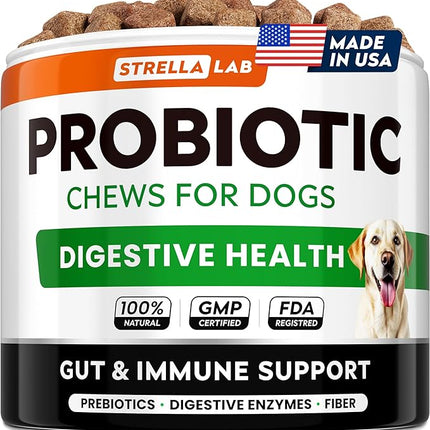 STRELLALAB Dog Probiotics for Digestive Health & Enzymes - Diarrhea, Gas, Upset Stomach Relief & Season Allergy - Pet Probiotics for Dogs- Chews for Digestion - Gut Health for Dogs (60Ct)
