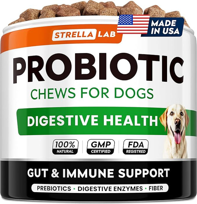 STRELLALAB Dog Probiotics for Digestive Health & Enzymes - Diarrhea, Gas, Upset Stomach Relief & Season Allergy - Pet Probiotics for Dogs- Chews for Digestion - Gut Health for Dogs (60Ct)