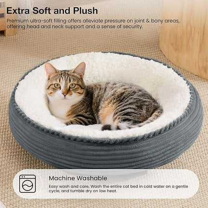 Love's cabin Round Donut Cat and Dog Cushion Bed, 20in Pet Bed for Cats or Small Dogs, Anti-Slip Water-Resistant Bottom, Super Soft Durable Fabric Pet beds, Washable Cat Dog Bed Stripe Bluish Grey