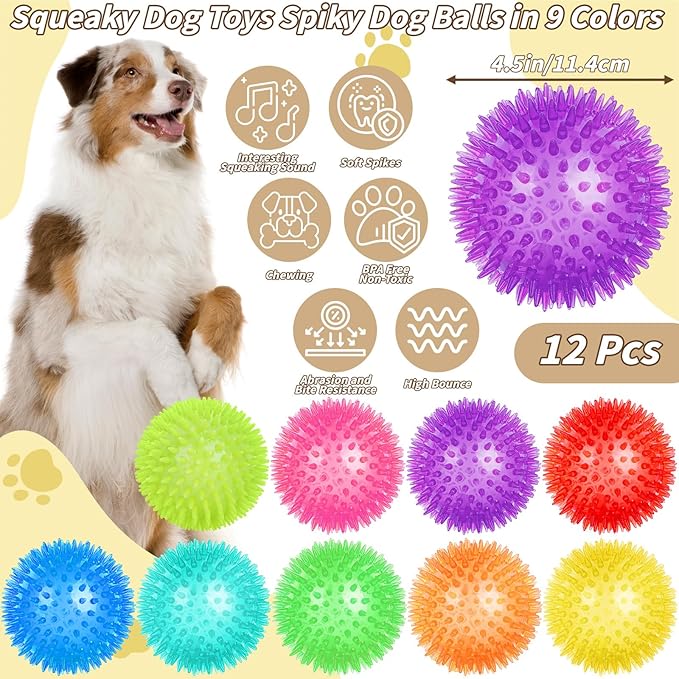 12 Pcs 4.5 in Squeaky Dog Toy Balls Spiky Dog Balls Chew for Teething Durable High Bounce TPR Fetch Toy 9 Colors Water Toy for Large Medium Dogs Aggressive Chewers Clean Teeth and Training