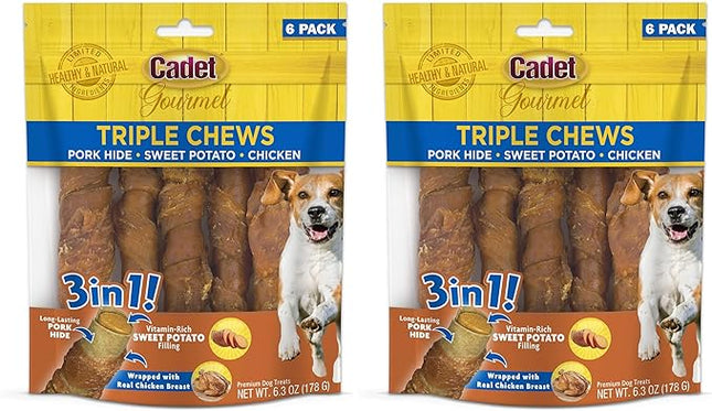 Cadet Gourmet Triple Chews Long-Lasting Pork Hide Sticks with Sweet Potato and Chicken, Healthy Dog Treats for Small & Large Dogs, 6 Count (Pack of 2)