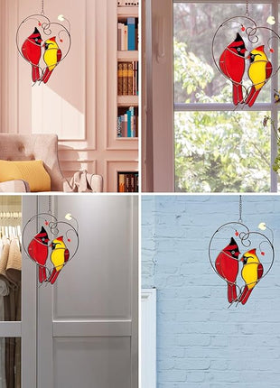 Cardinal Suncatchers Stained Glass for Windows Hangings,Male & Female Cardinal Stained Glass Sun Catchers, Red Love Birds Home Ornament,Gifts for Women