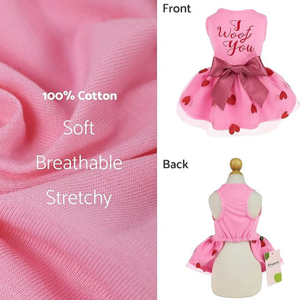 Fitwarm I Woof You Valentines Dog Dress 100% Cotton Girl Dog Clothes Pet Apparel Doggie Tutu with Bowknot Cat Clothing Puppy Dresses Doggy Costume Attire Pink X-Small
