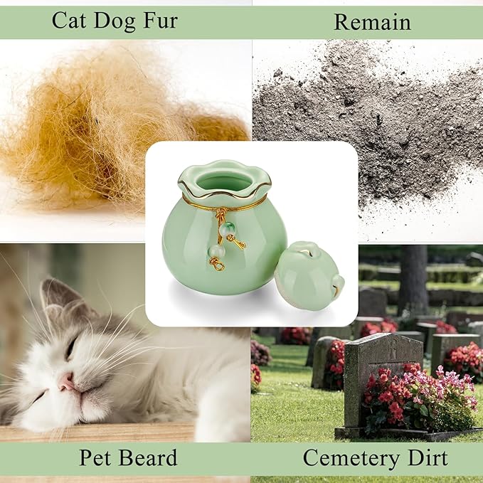 SOITIS Pet Memorial Urn for Cat or Dog Ashes - 3.54"x3.15" Elegant Ceramic Keepsake Holder with Cat-Shaped Lid & Gold Trim, Small Cyan Urn for Pet Ashes